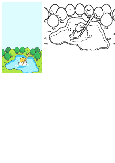 Cartoon image of Gudetama, the lazy egg character, boating in a lake with a stick. Alt: an image of a cartoon character in the water