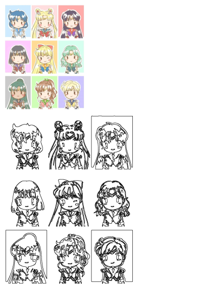 Chibi fan art showcasing Sailor Moon and the Sailor Scouts: Mercury, Mars, Jupiter, Venus, Uranus, Neptune, Saturn, and Pluto.