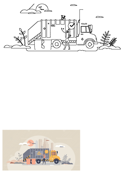 A man standing next to a yellow garbage truck in a city illustration. Focus on waste management and recycling for a cleaner environment.