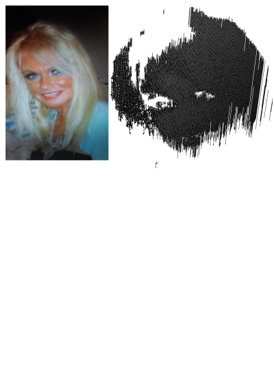 Portrait by artbyjoan of a smiling woman with long blonde hair, blue eyes, earrings and a necklace, painted with vibrant colors.