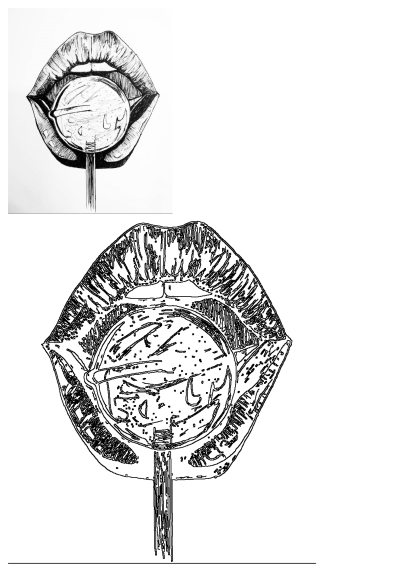 Black and white drawing of lips holding a lollipop. Artistic rendering of a mouth savoring a sweet treat. 