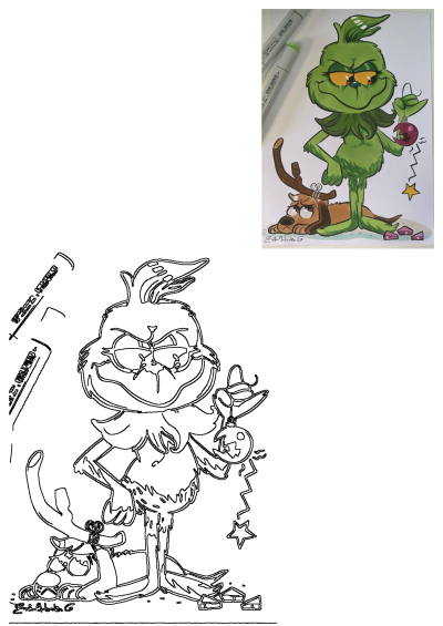 The Grinch with Max the dog cartoon drawing. The Grinch holds a broken ornament. A classic holiday illustration.
