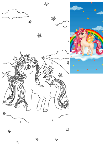 Illustration of a pink unicorn with wings standing on a rainbow amidst clouds and stars. A whimsical and colorful image.