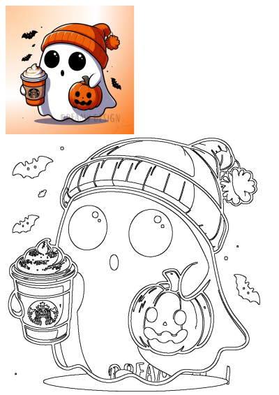 a cute little ghost holding a cup of starbucks coffee with a pumpkin on it's face