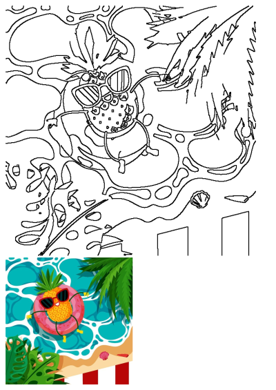 A cartoon pineapple wearing sunglasses is floating on a pink inflatable raft in the blue water near palm trees. Enjoying summer beach vacation.