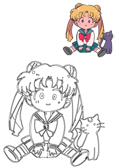 Adorable chibi-style drawing of Sailor Moon seated with her cat Luna. Fanart features the iconic anime character in a cute, simplified style.