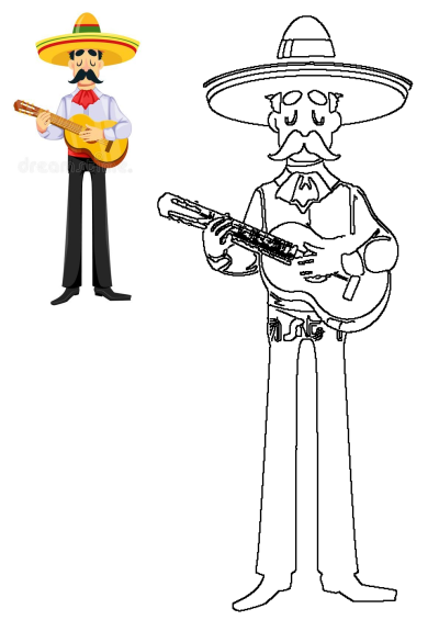Royalty-free illustration of a Mexican man with a large mustache, wearing a sombrero and playing a guitar on a white background.
