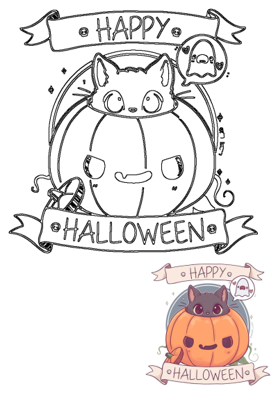 Cute cartoon illustration of a black cat inside a carved pumpkin, a happy ghost, and banner saying 'Happy Halloween'. Happy Halloween!