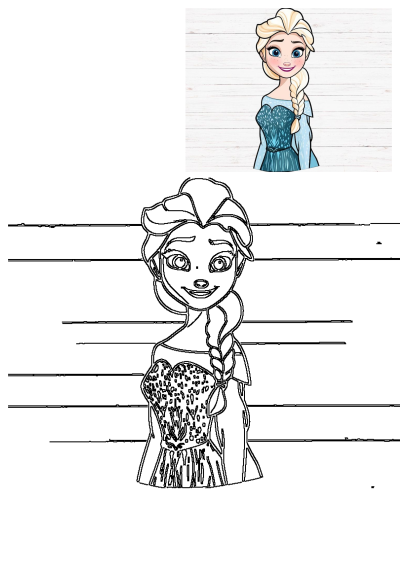 Frozen Princess Elsa with blonde hair and braids on her head, standing in front of a white wooden background. Cartoon image.