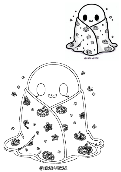 Adorable Halloween ghost illustration wrapped in a cozy blanket with pumpkin and star patterns. Charming and festive for spooky season.