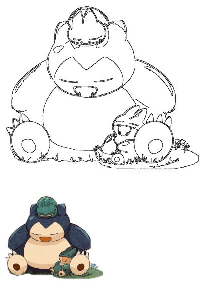 Cartoon character sitting in the grass: A cute Snorlax with a baby Snorlax sitting beside him and a Bulbasaur on his head.