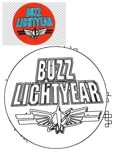 Buzz Lightyear logo in red and blue, featuring an image of a bird-like emblem. Classic design from the popular animated movie.