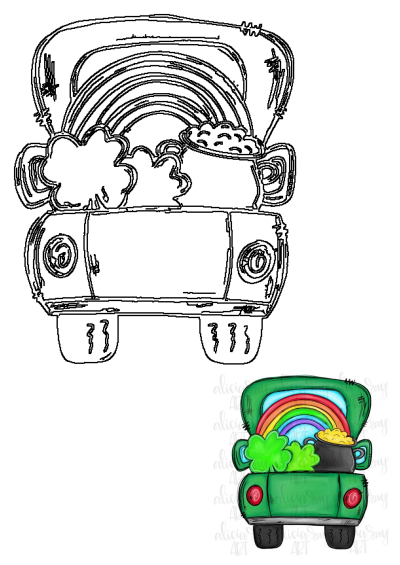 St. Patrick's Day green truck carrying shamrocks, a pot of gold, and a vibrant rainbow, perfect for festive crafts and decorations.