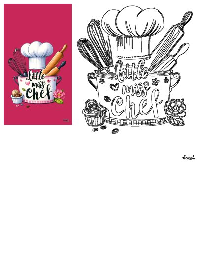 Whimsical cartoon of a chef's hat, rolling pin, and whisks inside a 'Little Miss Chef' mug. Great for young bakers!