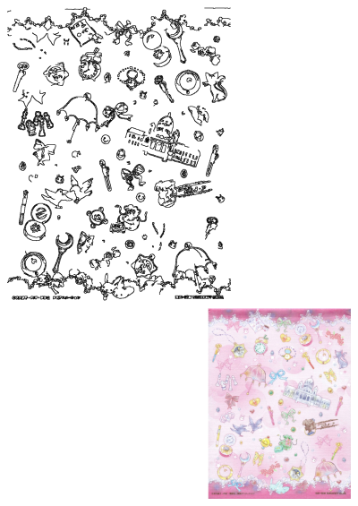 A pink background with many different kawaii items on it including clocks, bows, magic wands, an umbrella, jewelry, and a building.