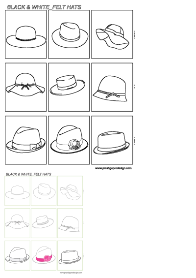Black and white line art showcasing nine felt hat designs with various styles, bands, and decorations like ropes and flowers.