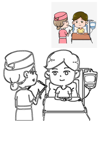 Cartoon illustration of a nurse in pink uniform attending to a young patient in a hospital bed with an IV drip. 
