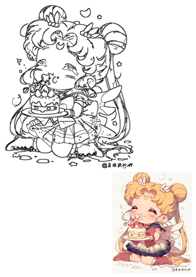 Cartoon of a cute Sailor Moon character holding a cake with icing on her face and wearing a sailor dress. 