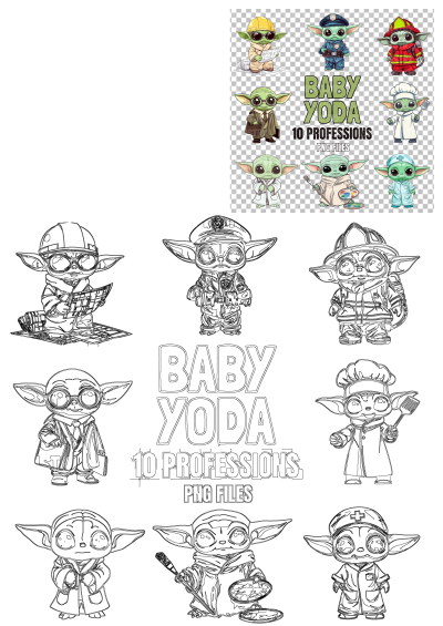 Baby Yoda cartoon character set with various professions, including builder, policeman, fireman, cook, doctor, artist, scientist, and more. PNG files.
