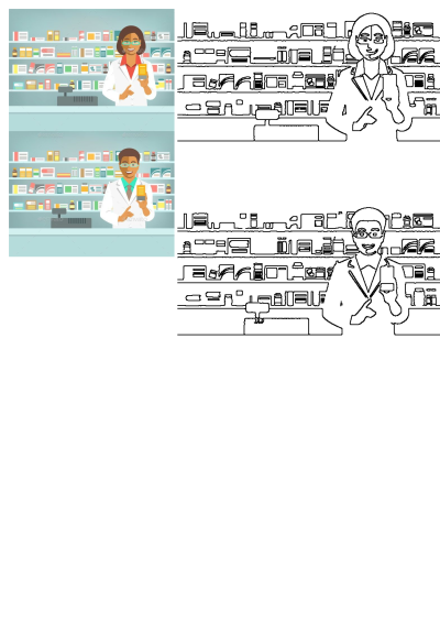 Two pharmacists, drawn people characters, are working in the pharmacy. They are standing in front of shelves full of medicine.