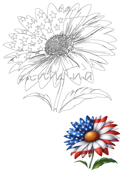 American Flag Daisy Flower Illustration With Outline: A vibrant patriotic daisy with stars & stripes, accompanied by its detailed line art version.