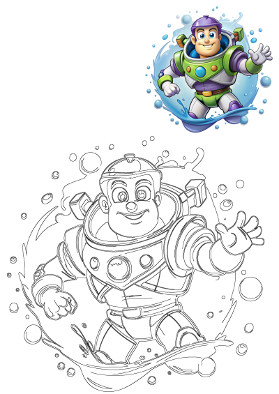 Cartoon image of Buzz Lightyear in a water splash. This whimsical illustration captures a cartoon character enjoying a refreshing dip.