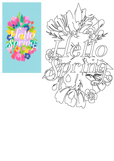 Hello Spring in bright colors! A floral design on a blue background welcomes the season. The words 'Hello Spring' are painted and surrounded by vibrant flowers.