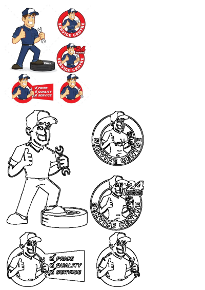 Cartoon Auto Mechanic image showing a friendly mechanic with a wrench, service center logos, and guaranteed price, quality, and service.