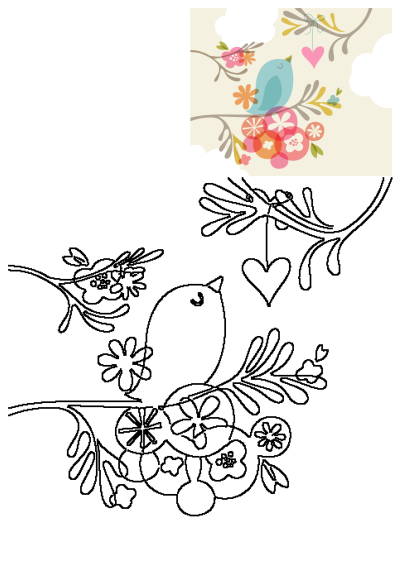 Illustration of a blue bird sitting on a tree branch surrounded by colorful flowers and a heart hanging in the background.