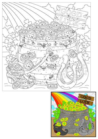 Pot of gold coins with clovers and a black cat sitting next to it under a vibrant rainbow and a 'Good Luck' sign. A St. Patrick's Day image.