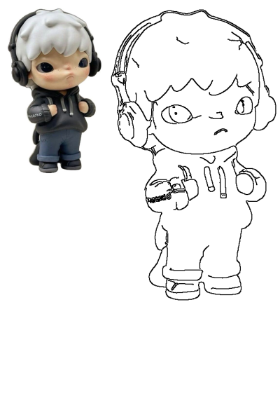 A small 'Phirono' brand figurine with headphones on, wearing a black hoodie and blue pants. A collectible art toy, great for enthusiasts.