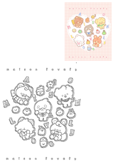 An animal themed sticker on a pink checkered background. Features cute bears, bunnies, puppies, and more with pastel colors. Words 'love you'.