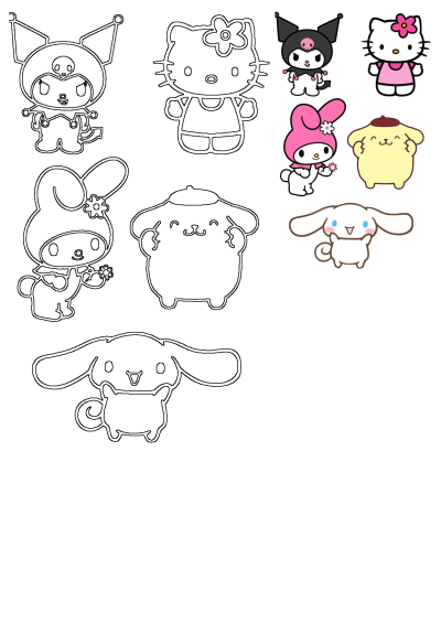 An image of Sanrio characters Hello Kitty, Kuromi, My Melody, Pompompurin, and Cinnamoroll against a white background.