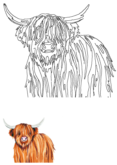 Watercolor painting of a fluffy Highland cow with long, shaggy orange hair and prominent horns.  Beautiful illustration.