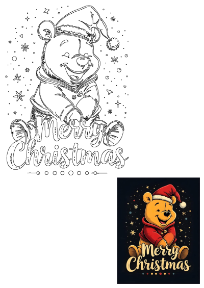 Festive Winnie the Pooh illustration wearing a Santa hat, smiling, surrounded by stars and snow. Includes 'Merry Christmas' text and a line art version.