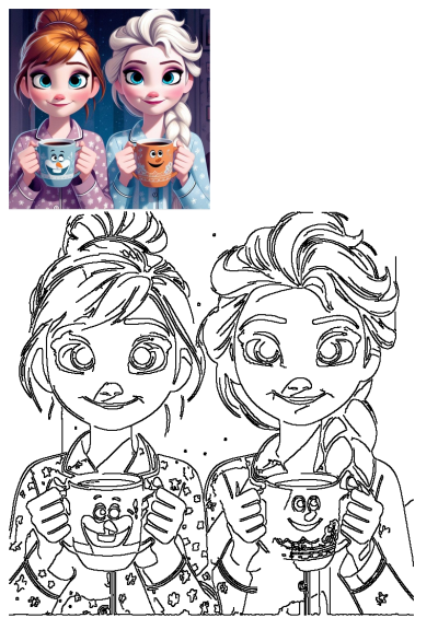 Two cartoon characters, Anna and Elsa from Frozen, holding coffee cups in their hands, ready to enjoy a cozy morning beverage.