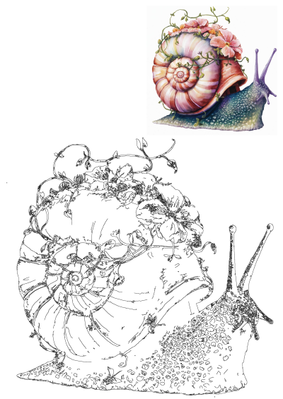 A beautiful watercolor painting of a snail. The snail carries flowers on its back, and the shell is artfully decorated with blossoms.