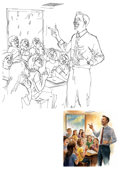Watercolor painting of a man standing in front of a classroom full of kids, an adult pointing at him. A lively and engaging learning environment.