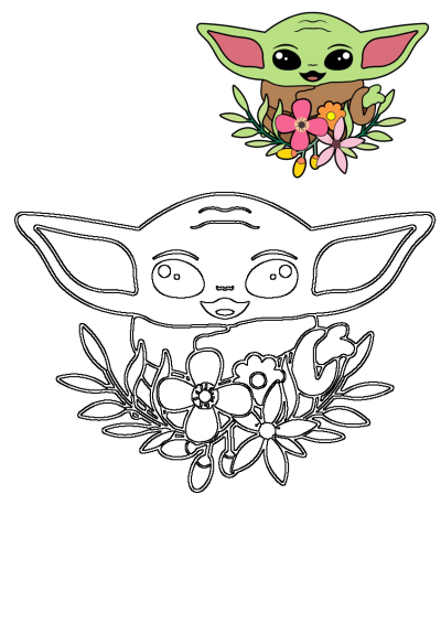 Cute Baby Yoda (Grogu) surrounded by flowers and leaves. Adorable depiction of the Star Wars character, perfect for spring or floral themes.