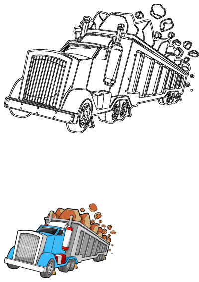 A cartoon blue dump truck filled with rocks in a royalty-free illustration. Features a playful design with brown rocks spilling out.