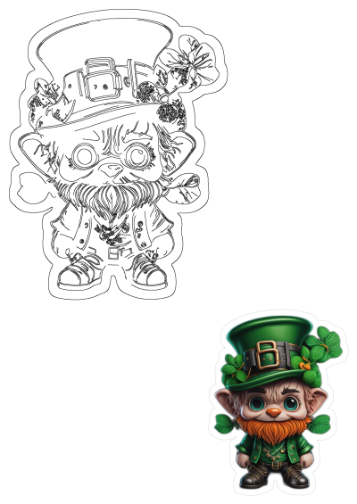 A cute sticker with an image of a leprechaun wearing a green hat, adorned with shamrocks for St. Patrick's Day celebration.