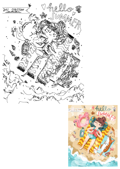 Illustration of a girl relaxing on a beach towel with her dog, surrounded by beach items, with the text 'Hello Summer'.