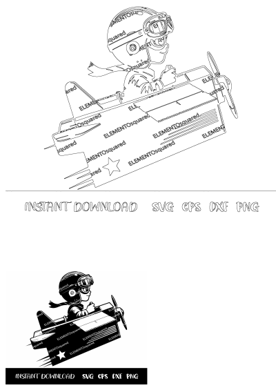 Black and white drawing of a boy in an airplane with the words instant download; available as SVG, EPS, DXF, and PNG files.