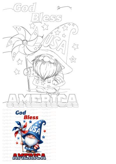 Patriotic gnome holding a flag that says 'God Bless USA'. Festive gnome with USA themed hat and colors; great for 4th of July designs!