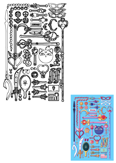 An illustration of various Sailor Moon items arranged in a square shape. Includes wands, Luna, and other magical girl accessories.