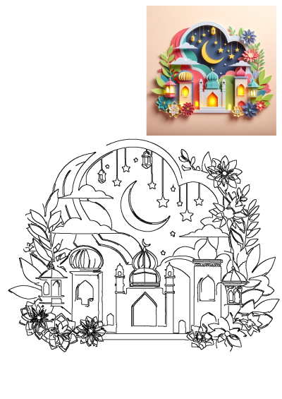 This paper art features a colorful mosque scene decorated with flowers and lanterns. A crescent moon and stars hang above in this Ramadan-themed image.