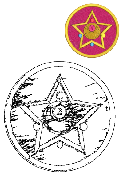 A pink and yellow patch with a gold center star design. Looks like something from Sailor Moon. A pink star patch on its side. 