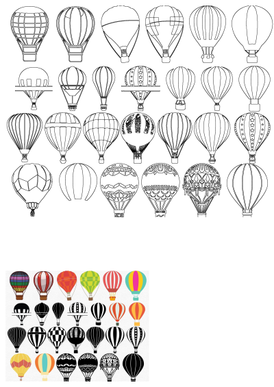 Illustration of colorful and black and white hot air balloons with various designs, shapes, and patterns.