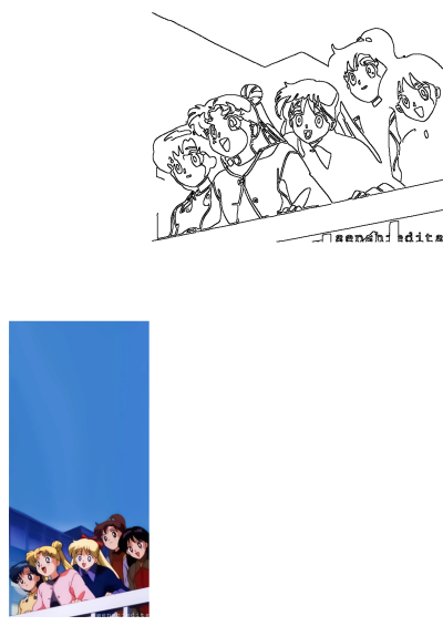 Sailor Moon anime image. Some anime characters are standing together looking at something in the distance with blue skies behind them.