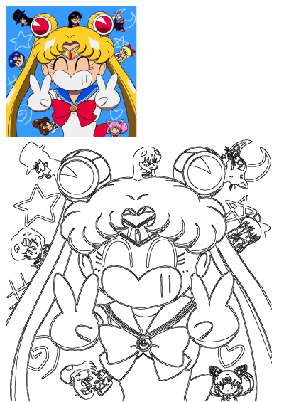 Anime character Sailor Moon with blonde hair and big hair buns, holding her hands up in peace signs. Cartoon art of Sailor Moon and friends. 